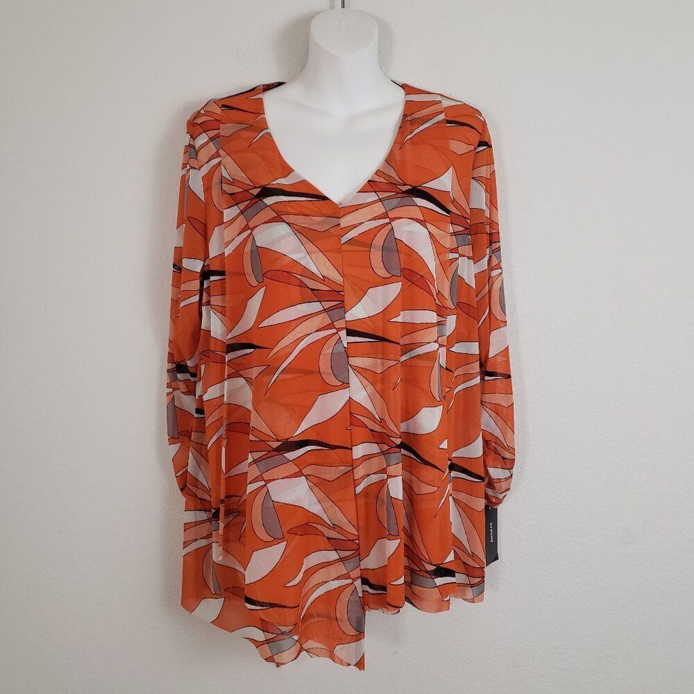 Alfani Top Large Orange Sheer Mesh Asymmetrical Retro Mod Print Maximalist